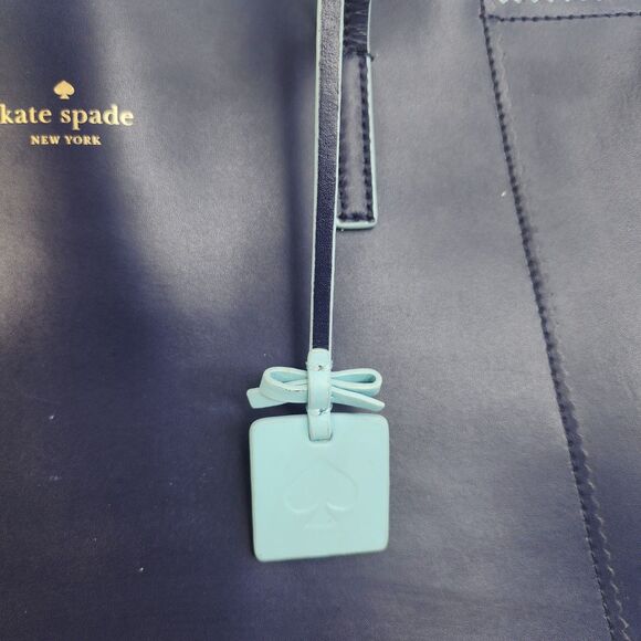Kate Spade New York Navy Blue Leather Tote Bag Large Light Blue Trim Zip Top - Picture 3 of 15